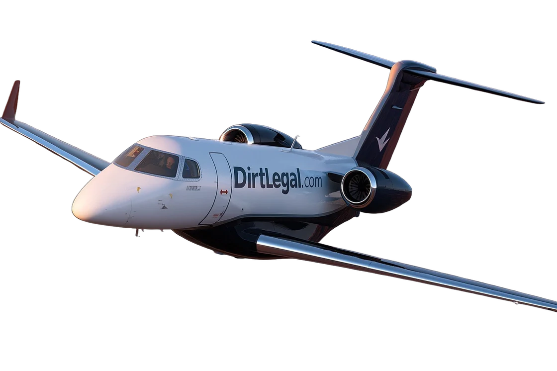 A private jet branded DirtLegal.com in flight