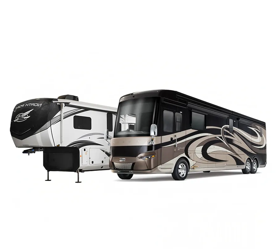 A travel trailer and a fifth-wheel RV