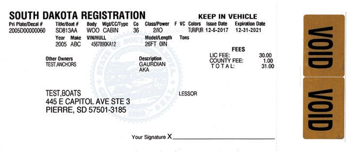 South Dakota registration certificate