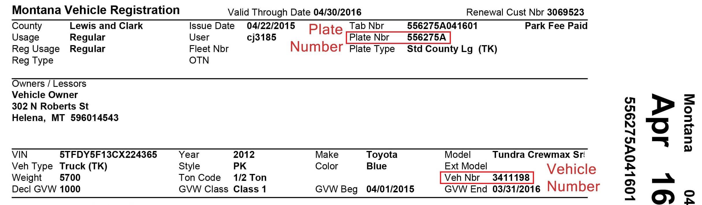 Montana vehicle registration with the plate number and vehicle number marked