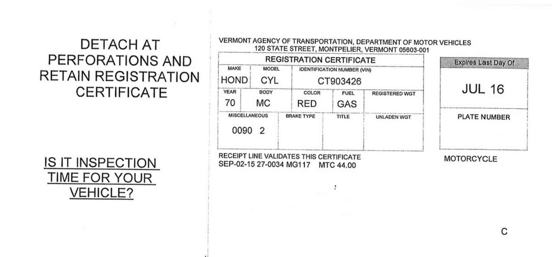 Vermont registration certificate