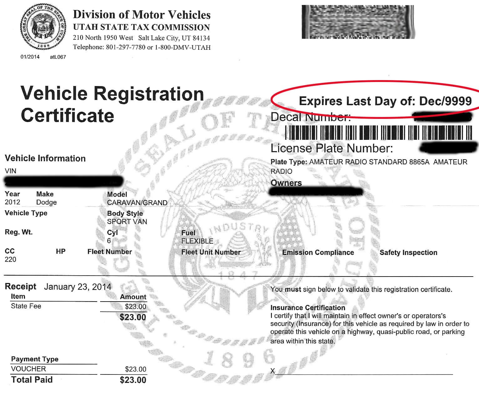 Utah registration certificate