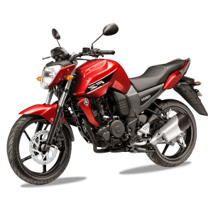 A red Yamaha street motorcycle with a compact frame, alloy wheels, front disc brake, and upright handlebars.