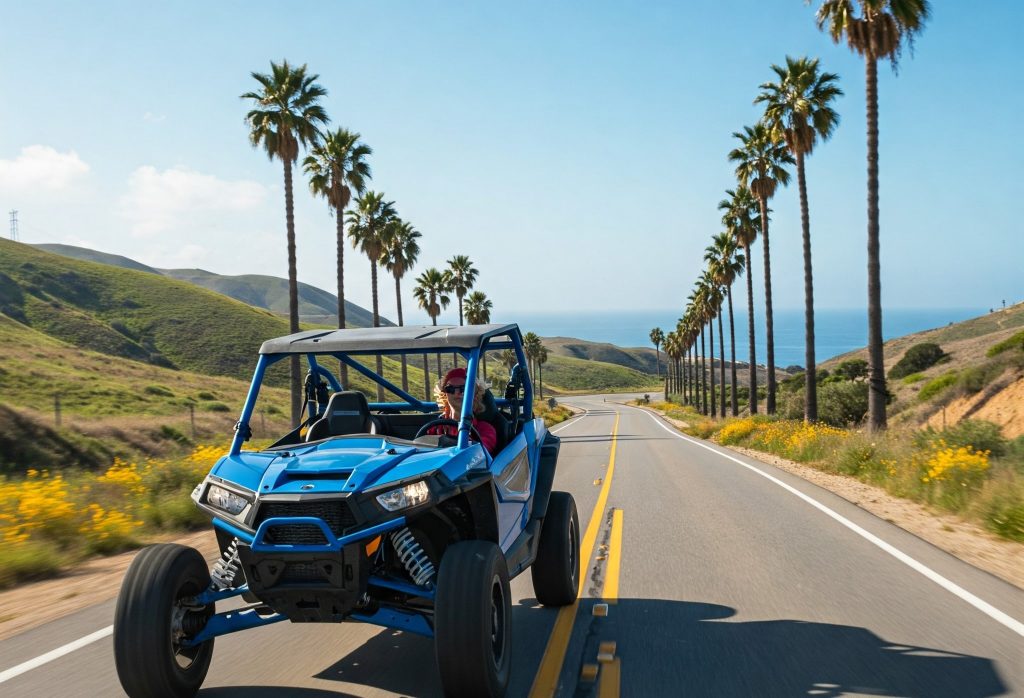 A person driving a blue off-road UTV on a scenic coastal highway lined with tall palm trees, with rolling green hills and the ocean in the background.