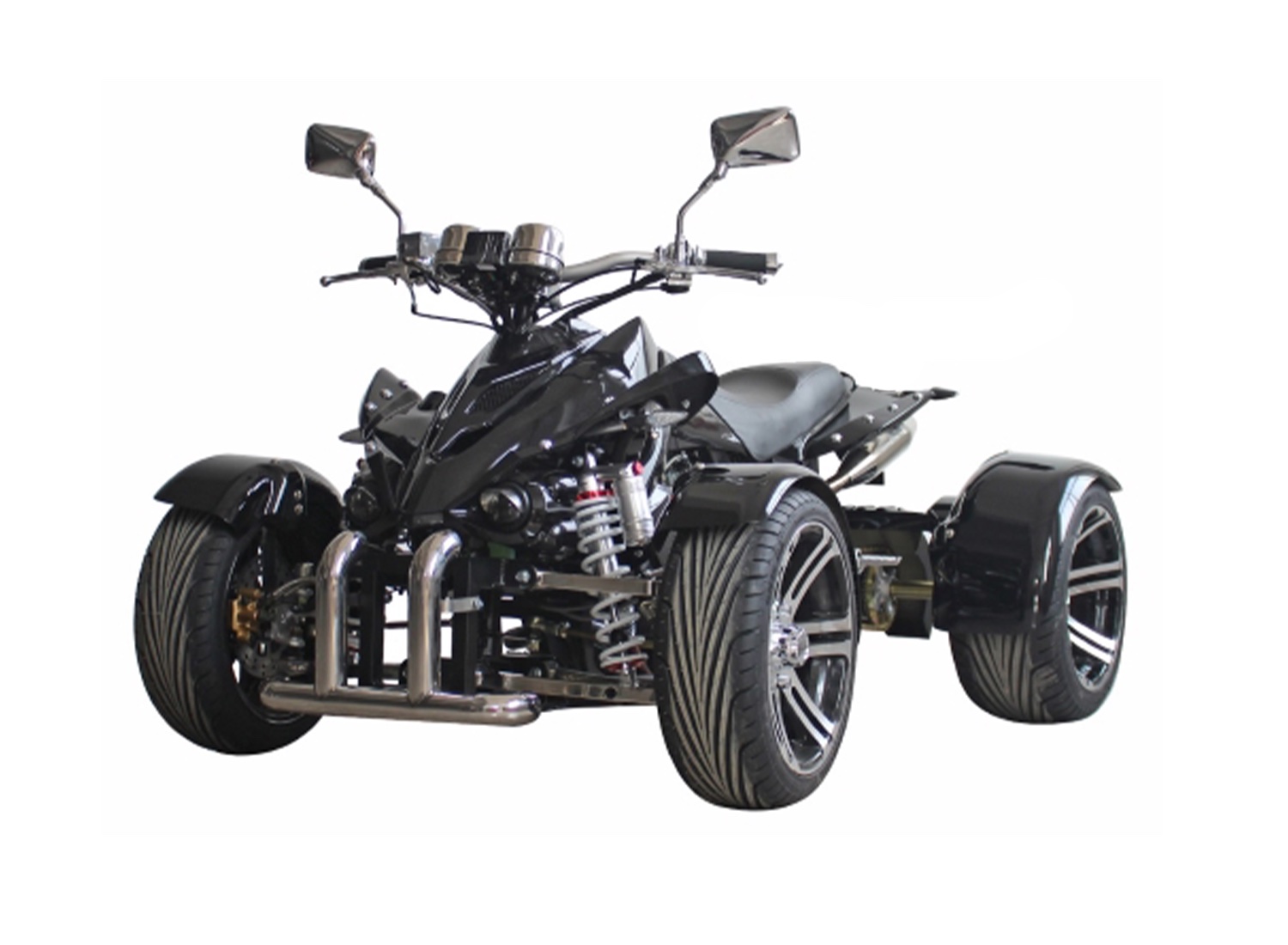 A sleek black four-wheeled ATV with sporty tires, dual headlights and side mirrors, set up for both street and off-road riding.