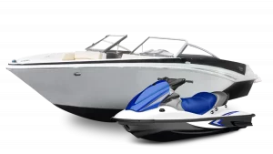 A sleek motorboat and a sporty jet ski are displayed side by side, showcasing two ways to enjoy time on the water.